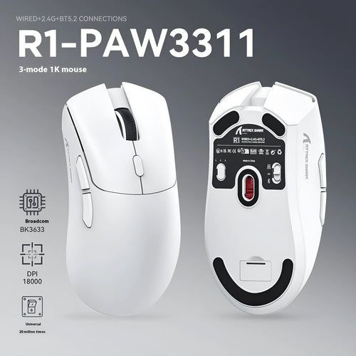 Attack Shark wireless three-mode gaming and office mouse in black, red, or white