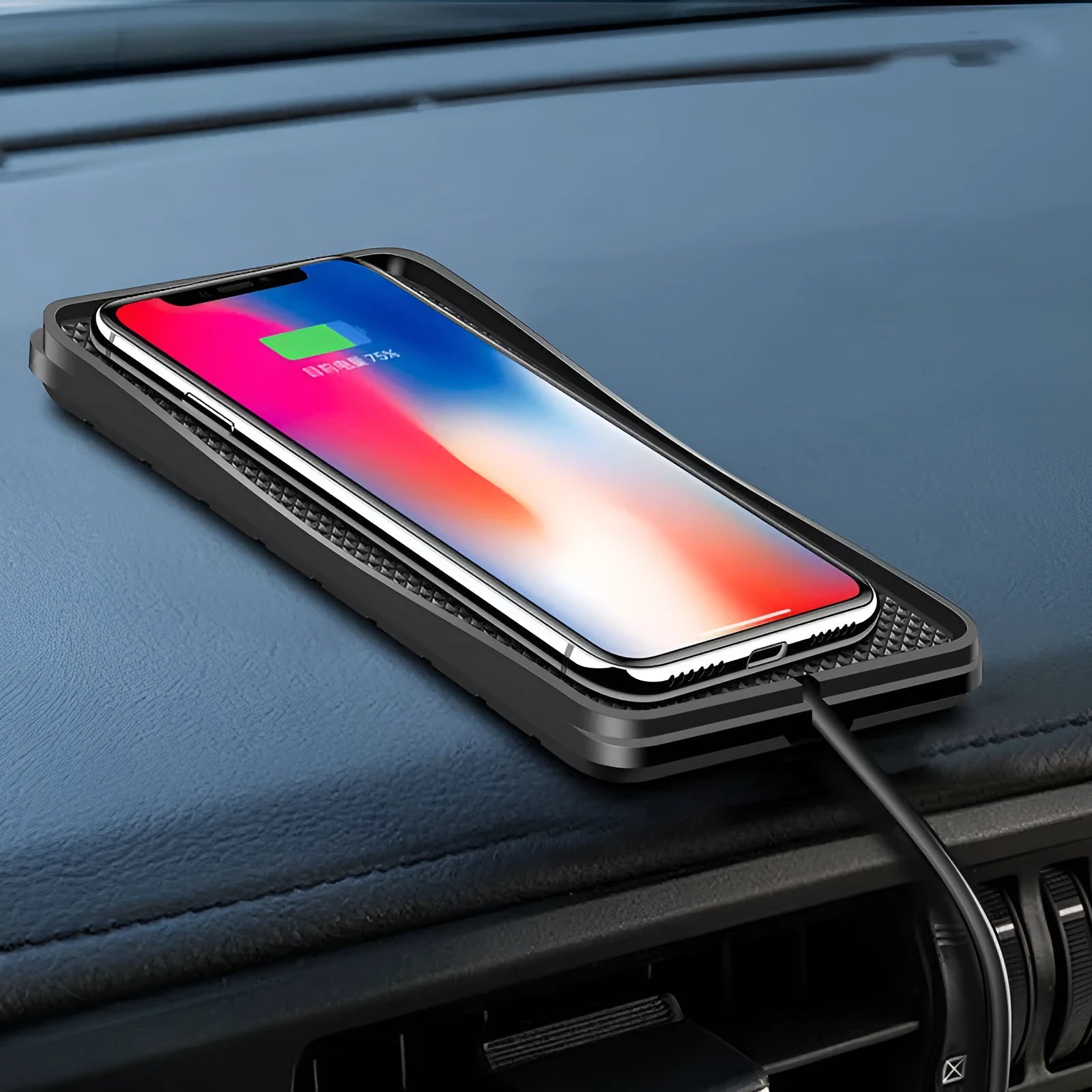 Black anti-slip car wireless charger pad compatible with Apple and Samsung phones