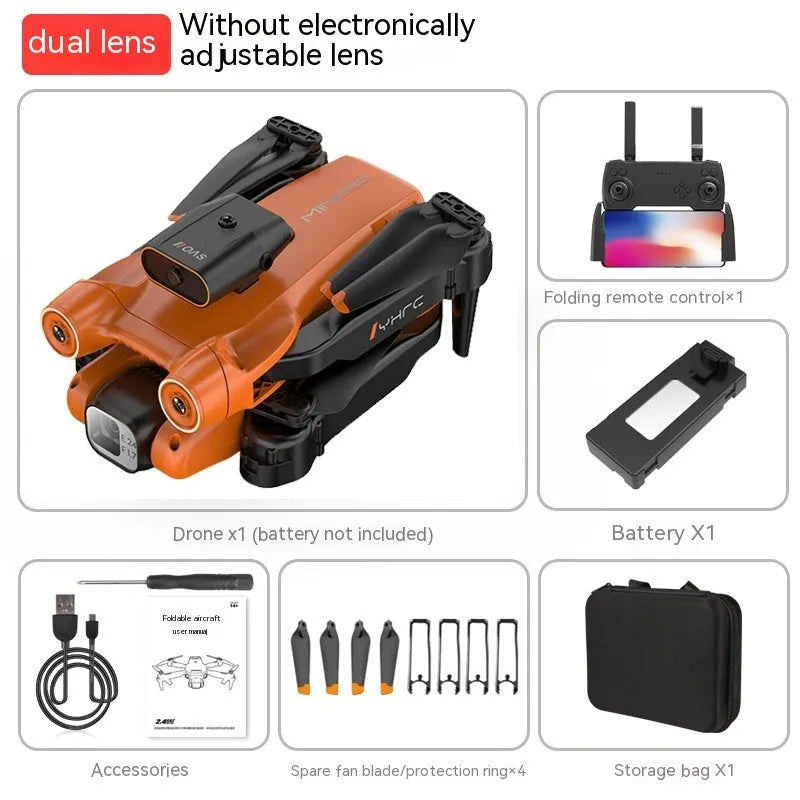 Black and orange remote control quadcopter drone with four rotors, shown folded and unfolded.