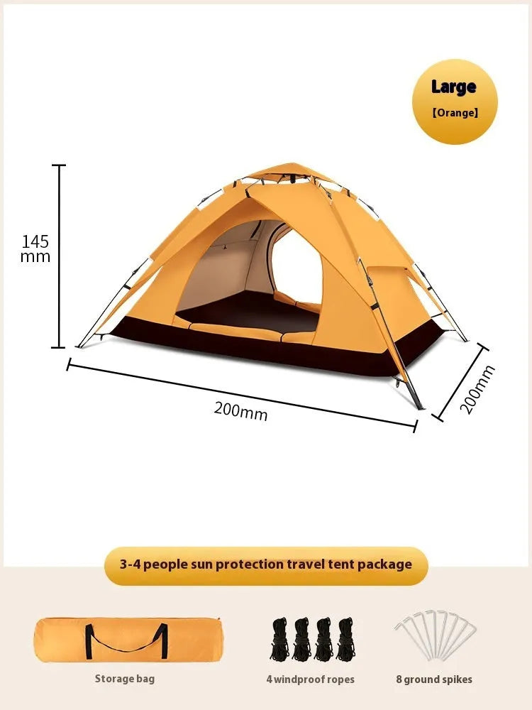 Milky white double-layer Oxford cloth camping tent for 3-4 people with pyramid shape and automatic telescopic rod bracket