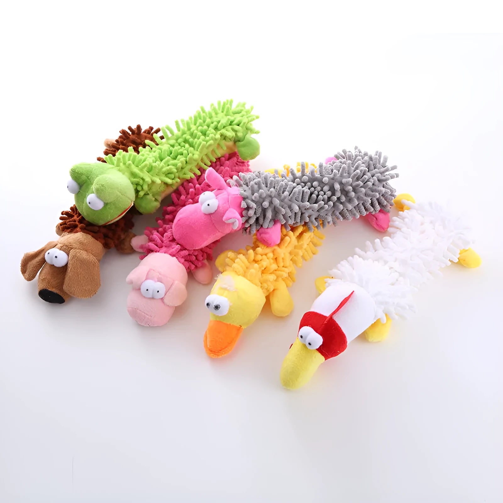 Microfiber plush dog toy with molar chew texture in six animal designs
