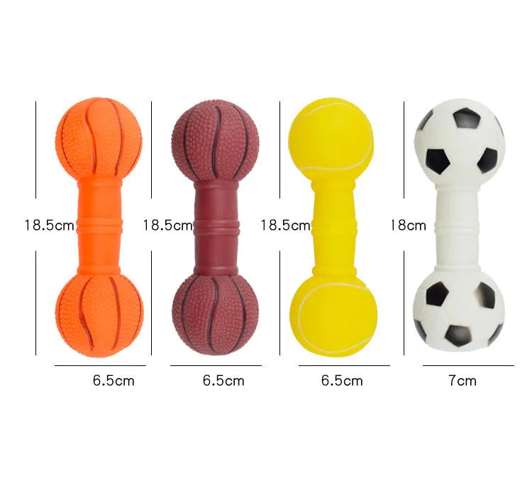 PVC dumbbell football shaped dog chew toy with squeaker in multiple colours