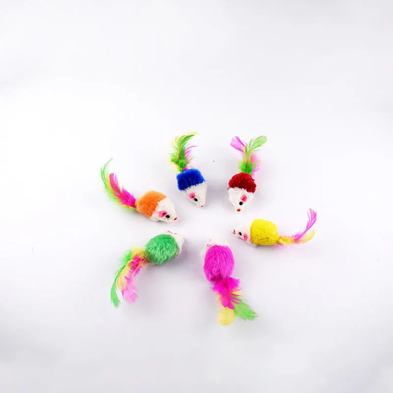 Pet cat toy set with cat stick mouse and sisal ball in multicolor random assortment for indoor cats.
