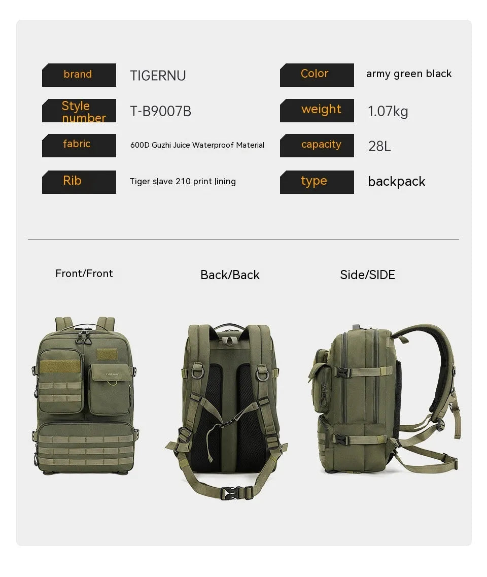 Army green tactical backpack with 17 inch size and 20-35 litre capacity for outdoor use