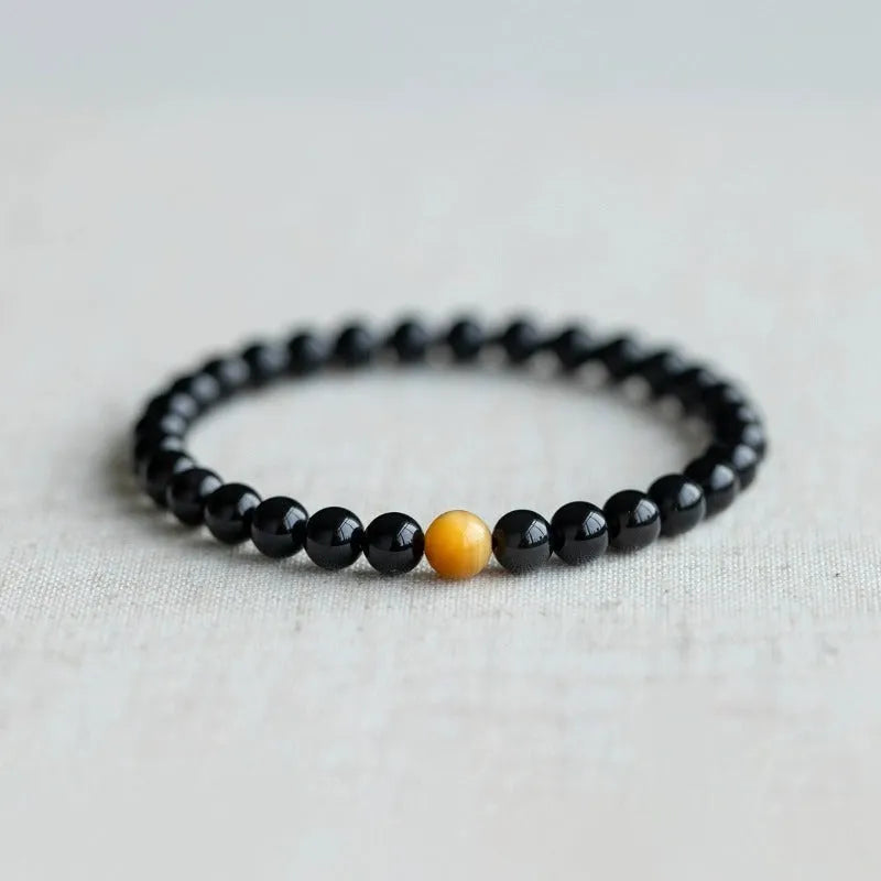 Black obsidian bracelet with 10mm geometric beads in Korean luxury style
