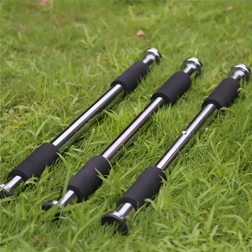Steel adjustable pull-up bar extended to show 62-100cm length range for door frame mounting