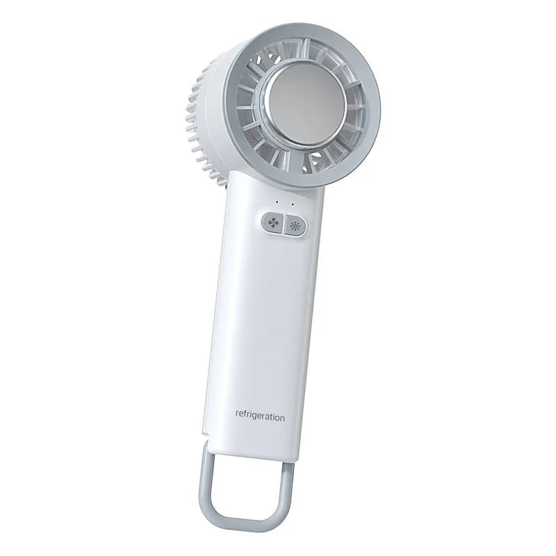 White handheld turbo jet fan with brushless motor, ice-cooling function, and 3 speed gears on a light background