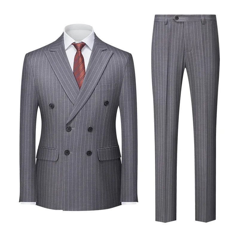 Men's striped suit double-row two-button trousers suit in slim fit, available in six colours including light gray and dark gray