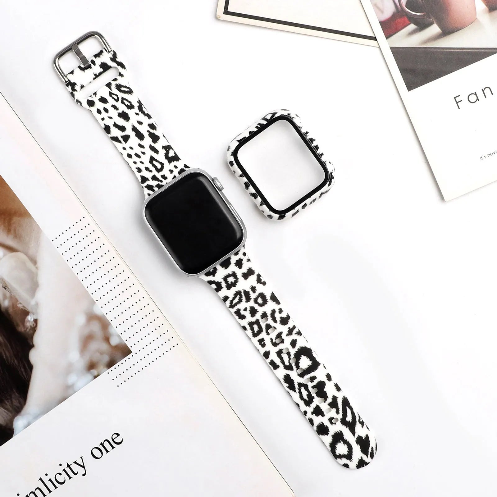 Printed silicone replacement watch strap for Apple iWatch showing multiple design options and size fit.