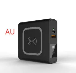 Black and white PD20W fast charging power bank with wireless capability and integrated plug