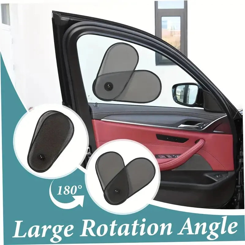 Black breathable mesh car side window sunshade stretched over glass with visible suction cups.
