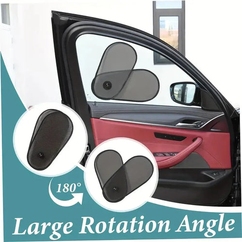 Black stretchy car window shade with suction cups attached to vehicle side window