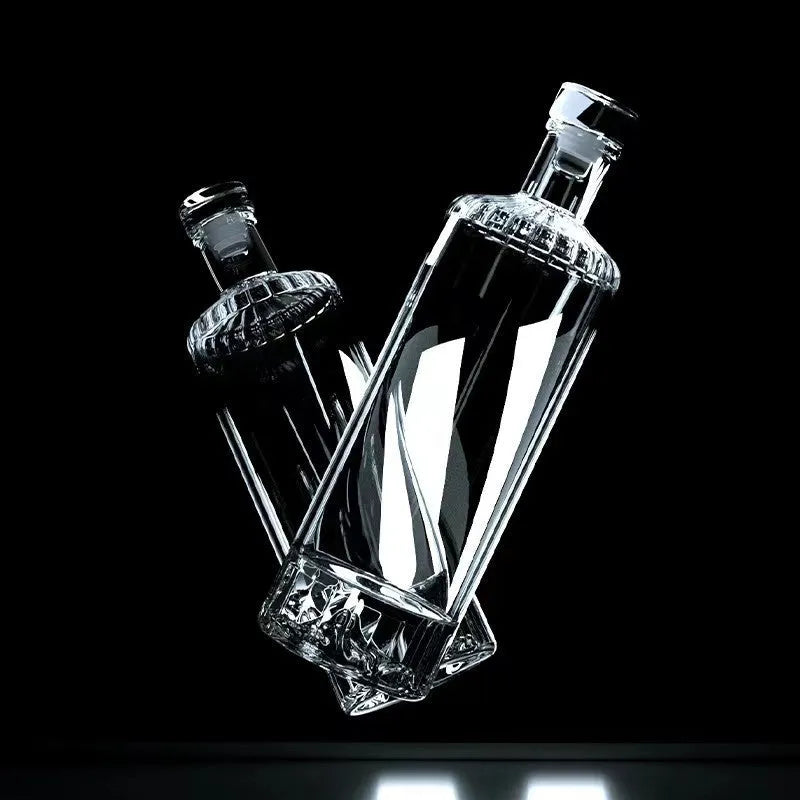 500ml clear crystal glass wine bottle with thickened one-pound body, shown in transparent, blue, gold, and red colour options.
