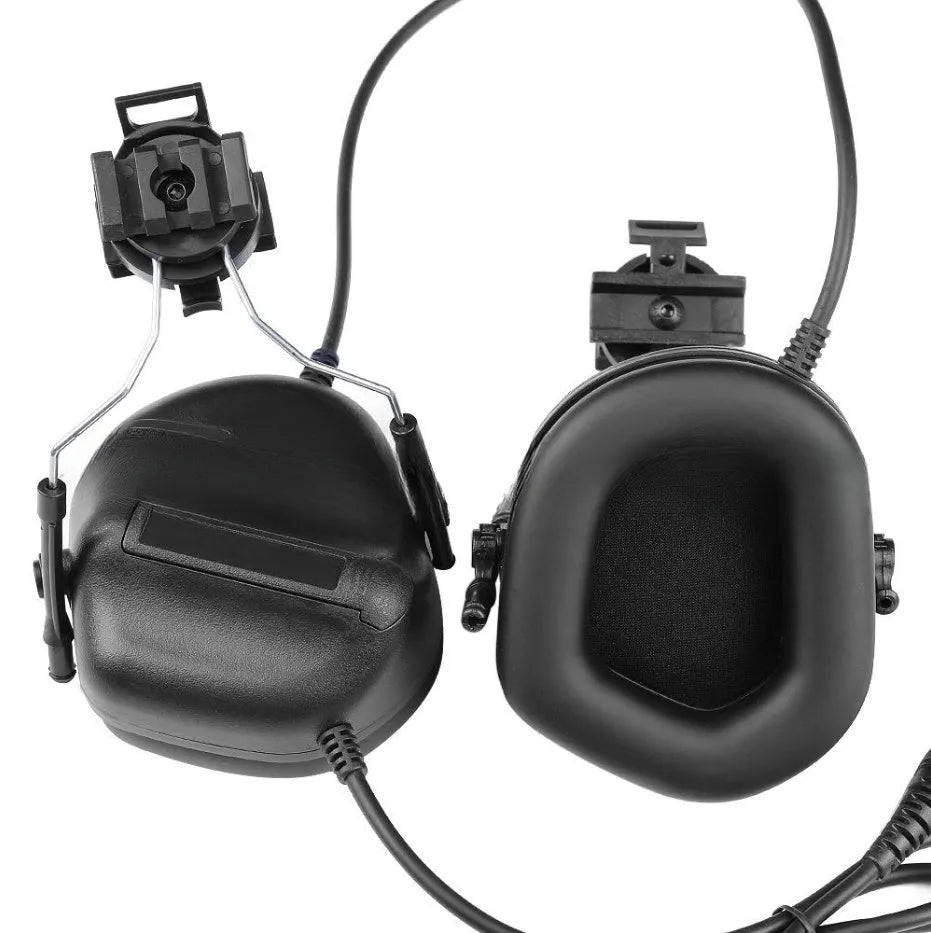 Helmet-style tactical headset with fifth generation chip noise reduction in black colour