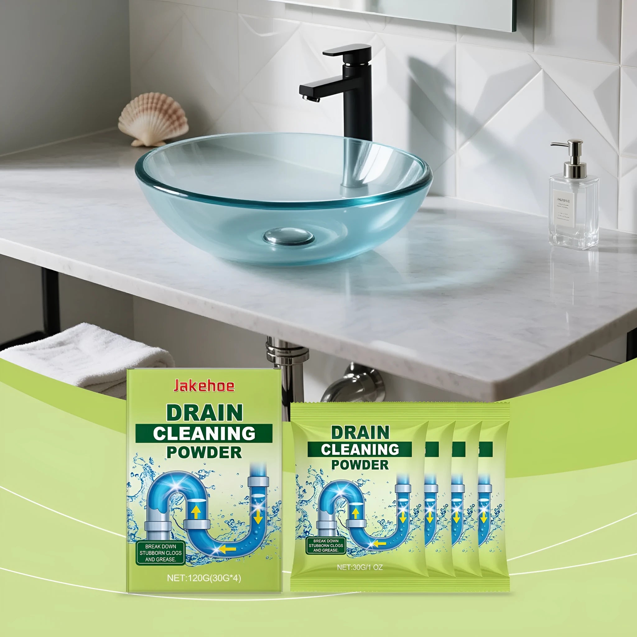 120g container of drain cleaning powder with sodium hydroxide for unblocking sinks