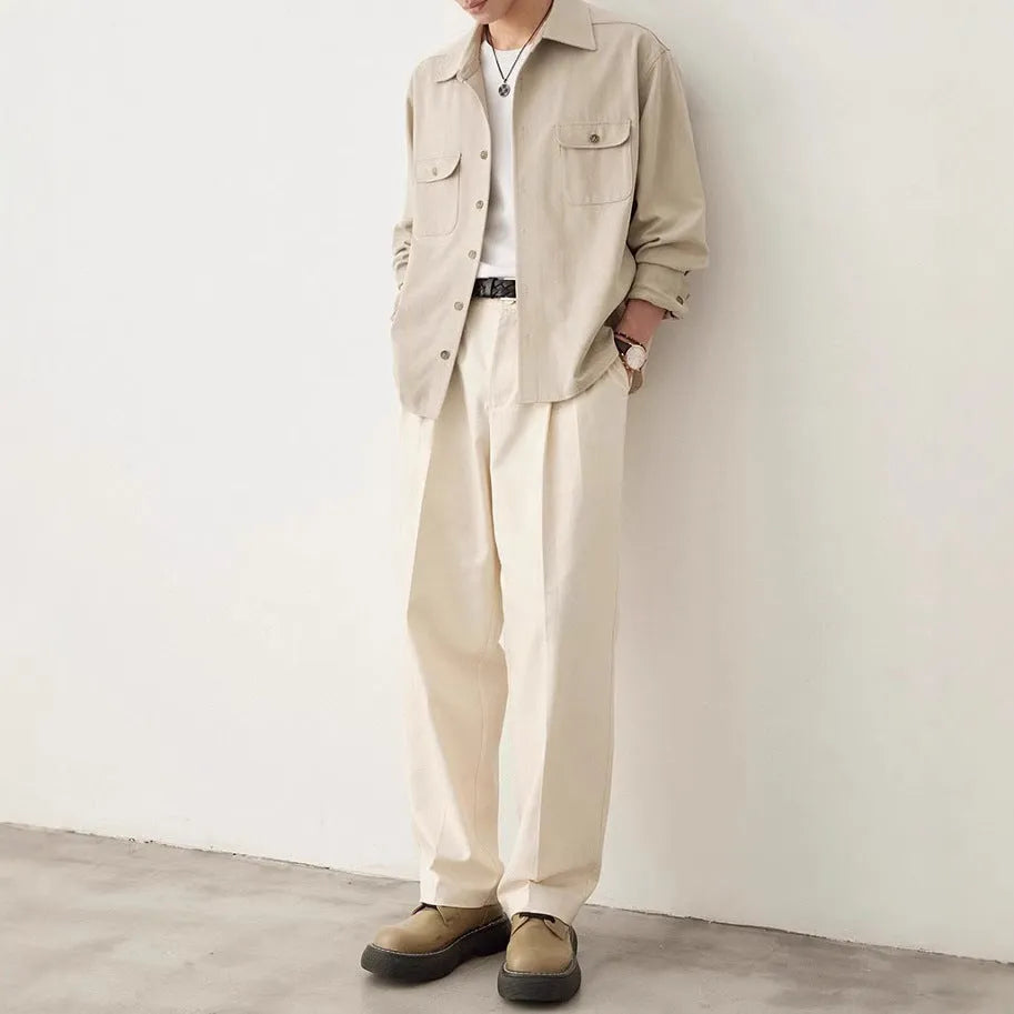 Men's simple profile shirt with cotton lapel in light sand rice colour, long sleeves
