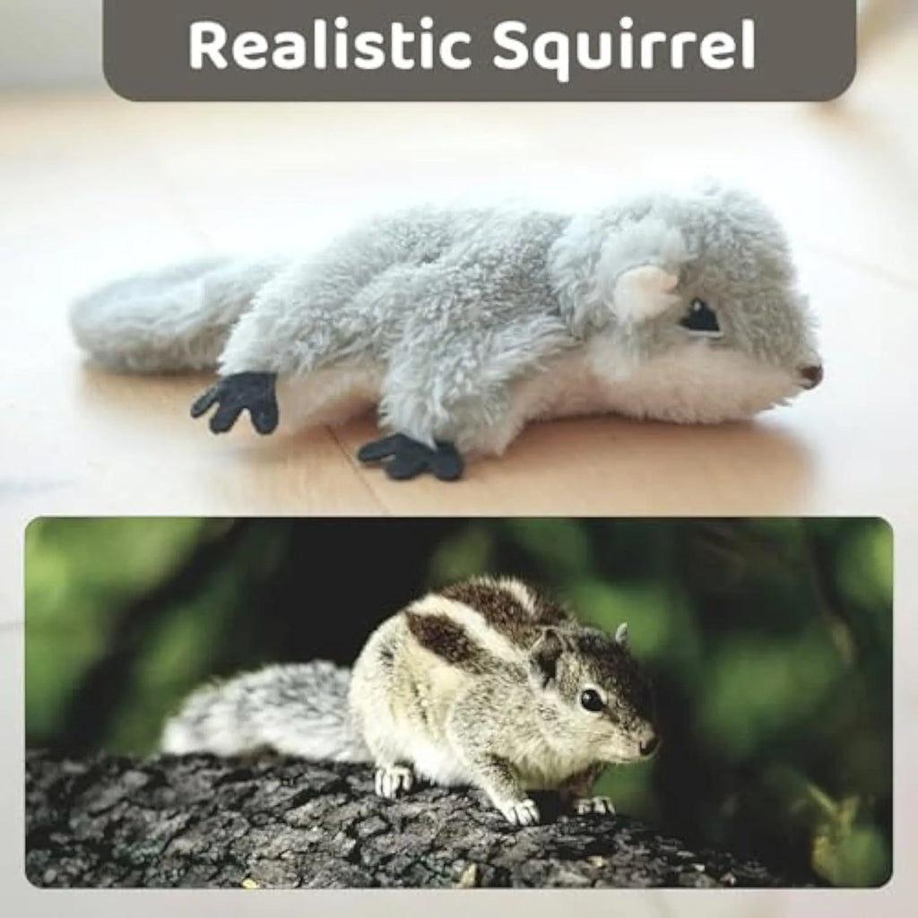 Gray flapping squirrel cat toy with USB charging cable and touch activation for interactive play