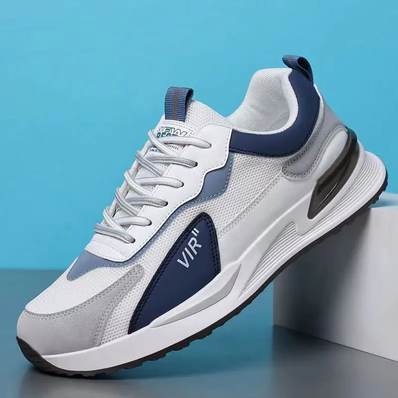 Men's colour block mesh sneakers with lace-up design and round toe in black, grey, and white options