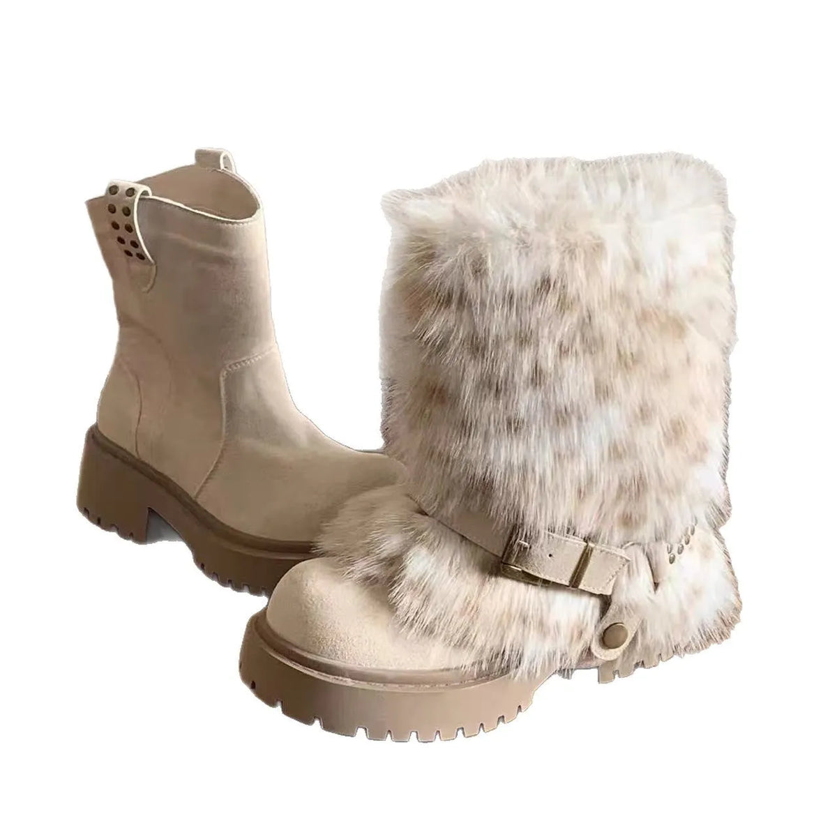 Women's mid-calf snow boots with faux plush lining, anti-slip rubber sole and slip-on design in beige