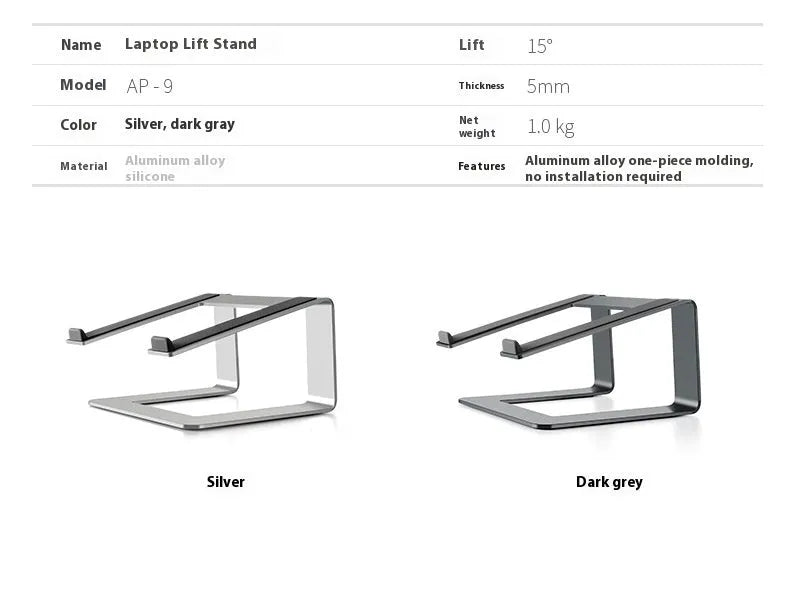 Black aluminium alloy laptop stand on desk showing dimensions and open-frame design