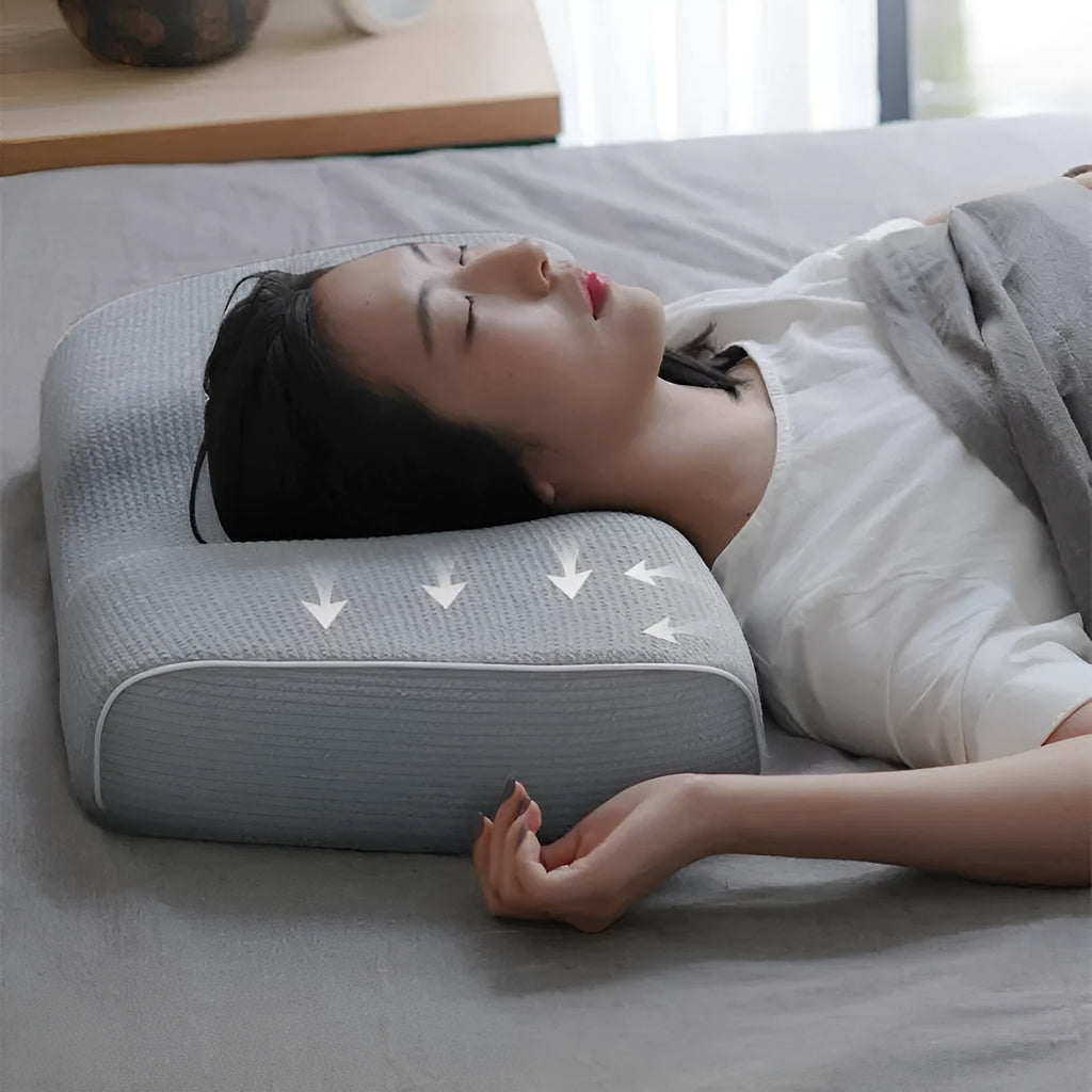 Grey memory foam massage pillow with knitted cotton cover and adjustable loft for neck support