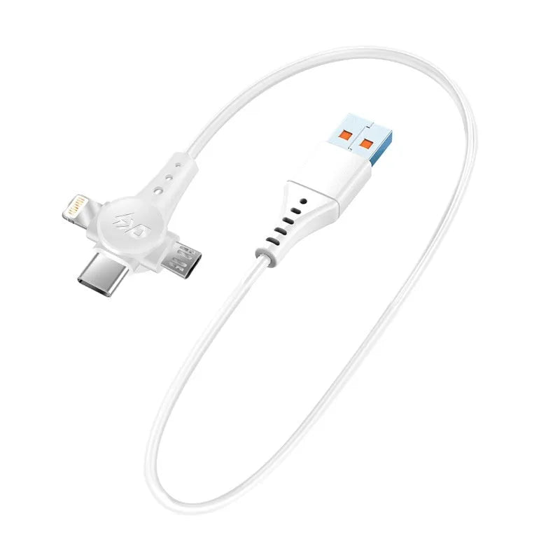 Black telescopic three-in-one charging cable with USB-C, Micro USB and Lightning connectors extended to full length