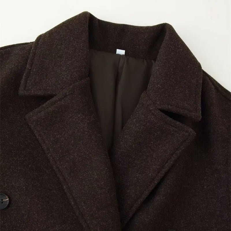 Double-breasted wool coat for women, extended length over 100cm, literary retro style, blend fabric with spandex, sizes S-L.
