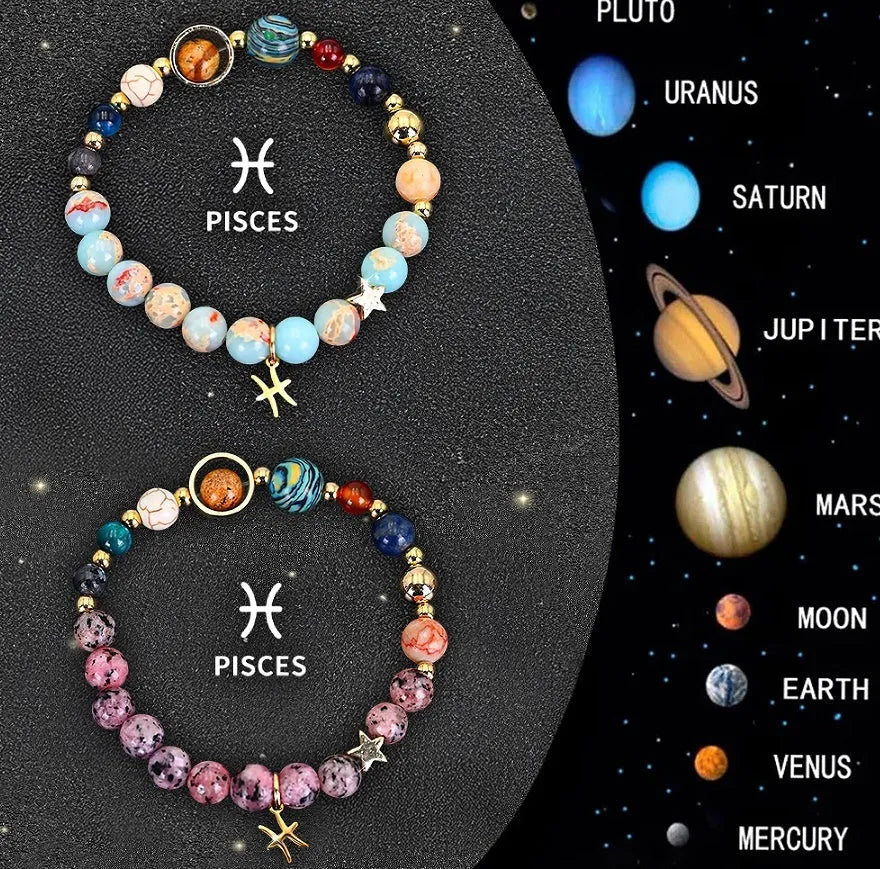 Two adjustable natural stone beaded bracelets with silver zodiac charms on a flat surface.