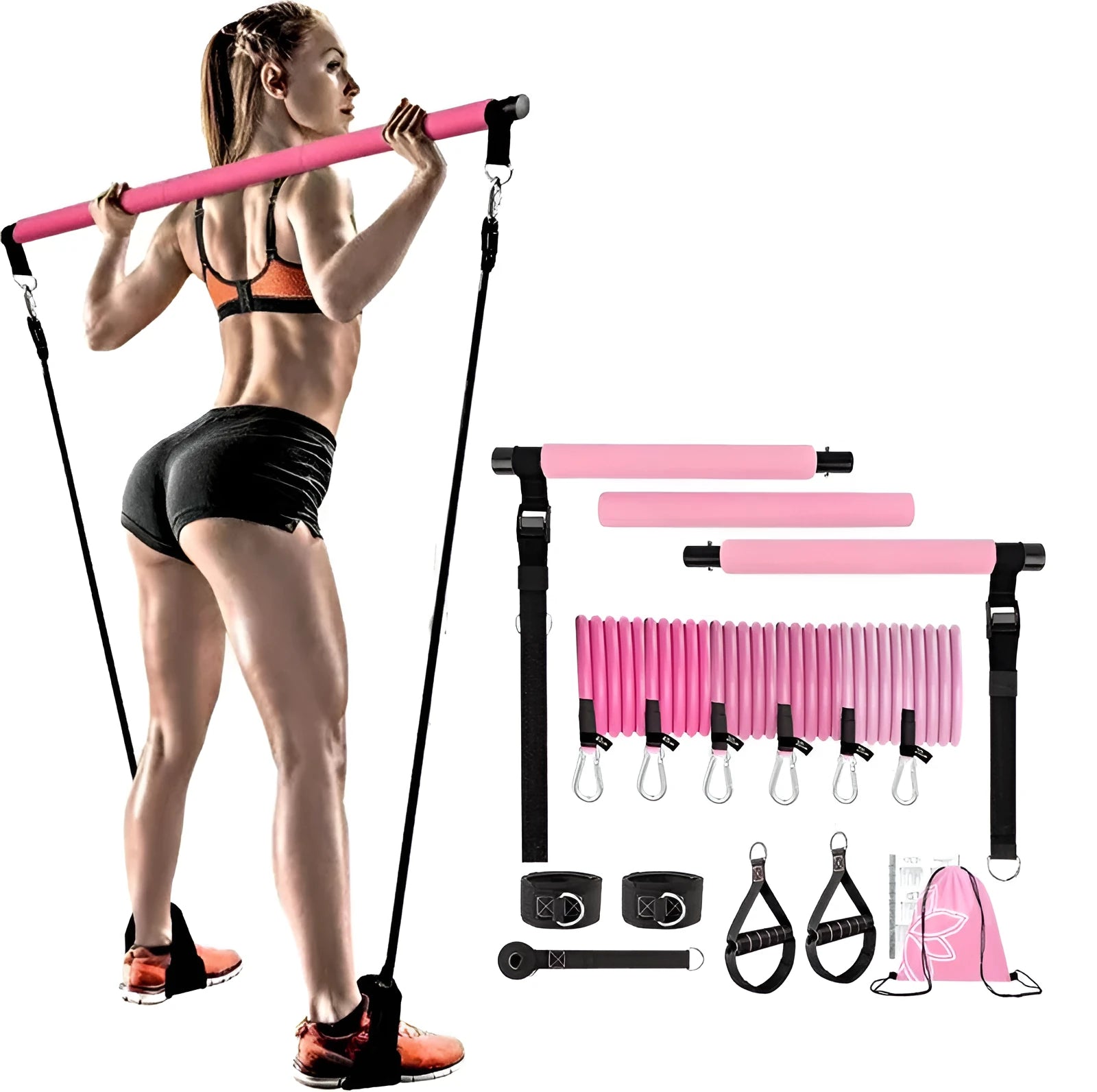 Women's adjustable TPE fitness stick set with 11 pieces in pink, purple and black colours showing 60lb to 180lb resistance options