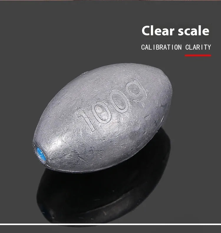 Tongxin olive lead fishing sinker with scale pattern in rugby shape, showing 10g to 150g weight options.