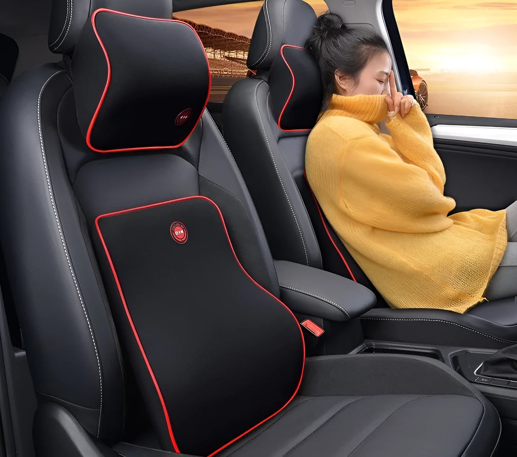 Car headrest neck protector and waist support set in black, coffee, grey or red, bamboo charcoal memory cotton, 0.9kg