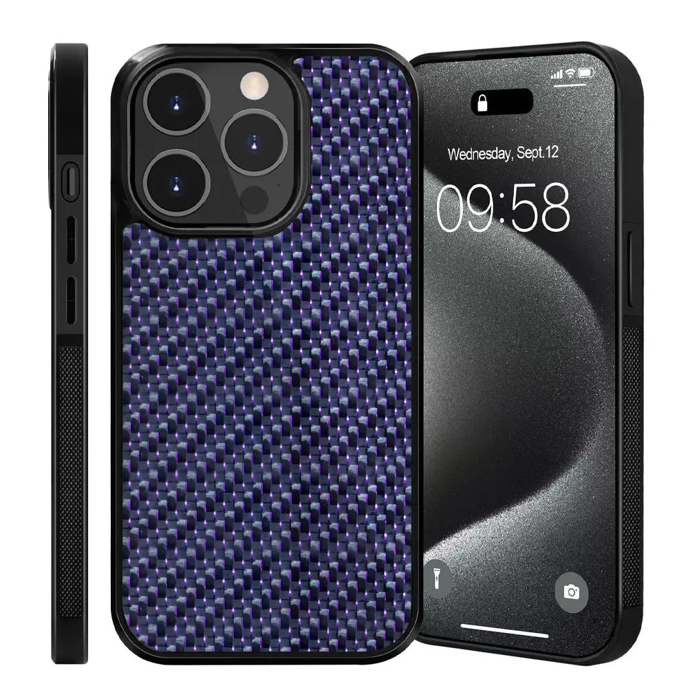 Carbon fiber 3K twill phone case for iPhone, all-inclusive TPU cover in blue, purple, or red, magnetic or non-magnetic.
