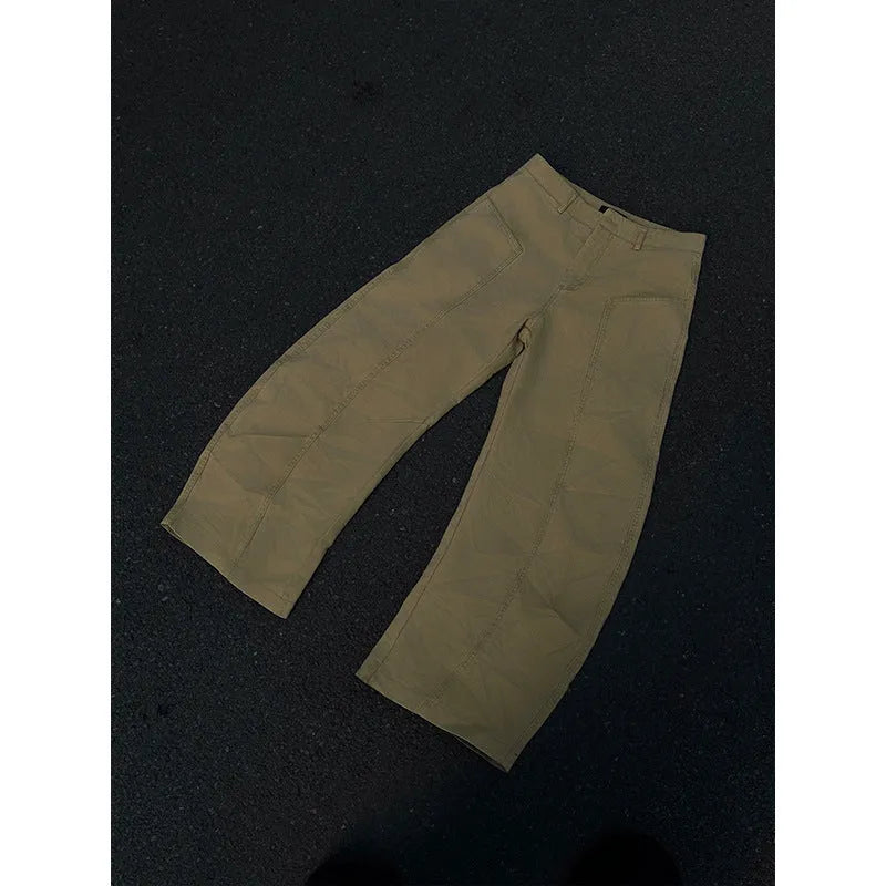 Men's khaki straight leg trousers in American retro style with solid colour cotton fabric