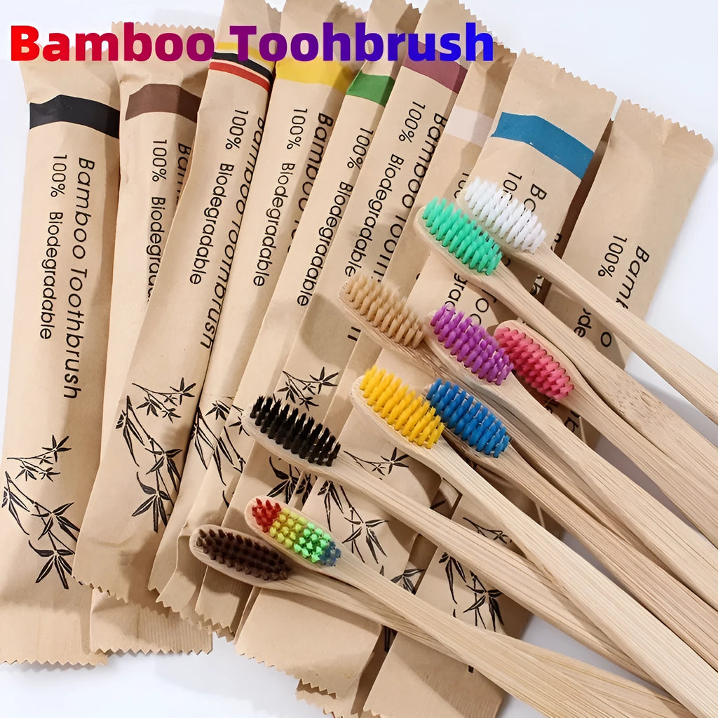 10 natural bamboo toothbrushes with charcoal bristles in white yellow purple grey green black colours