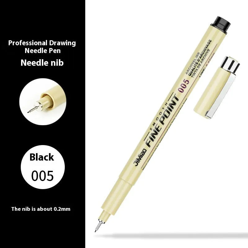 Waterproof needle pen with hand-drawn cartoon syringe design, black ink, 133mm length.