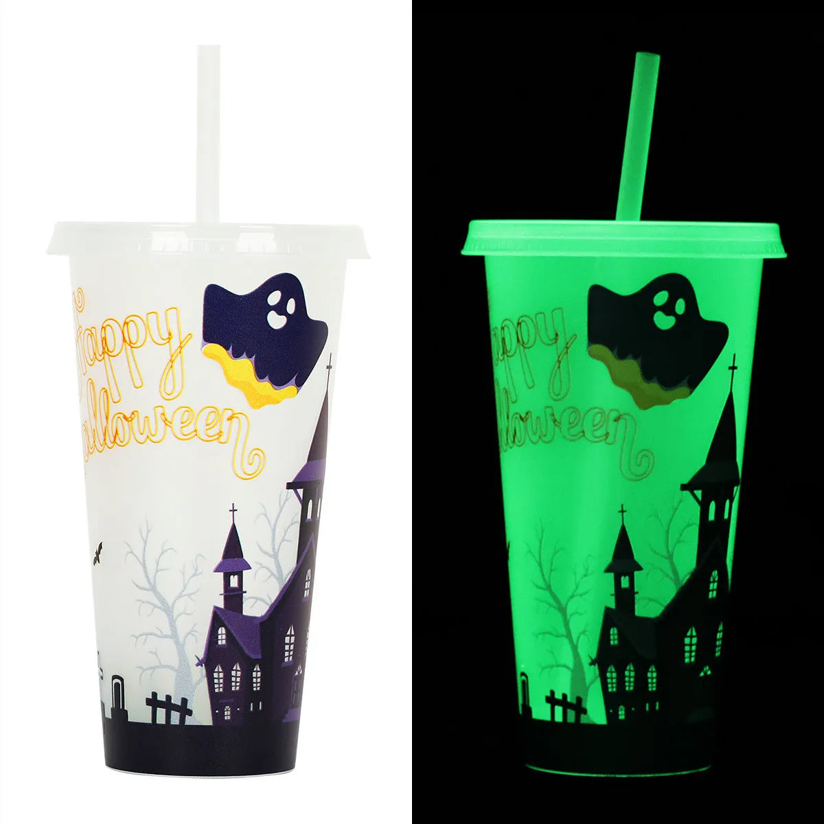 720ml plastic Halloween sippy cup with luminous straw, six colour options