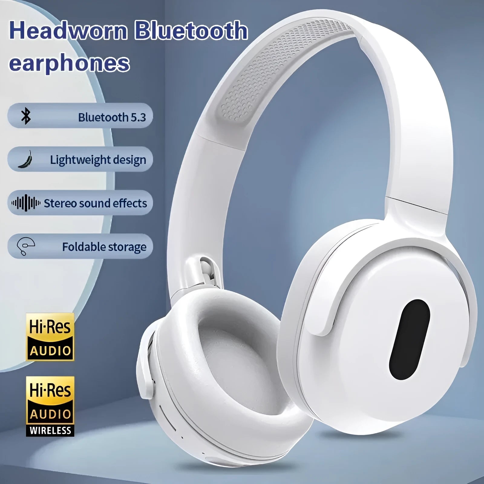 Foldable wireless Bluetooth headphones in black with over-ear design and folding hinge for travel storage