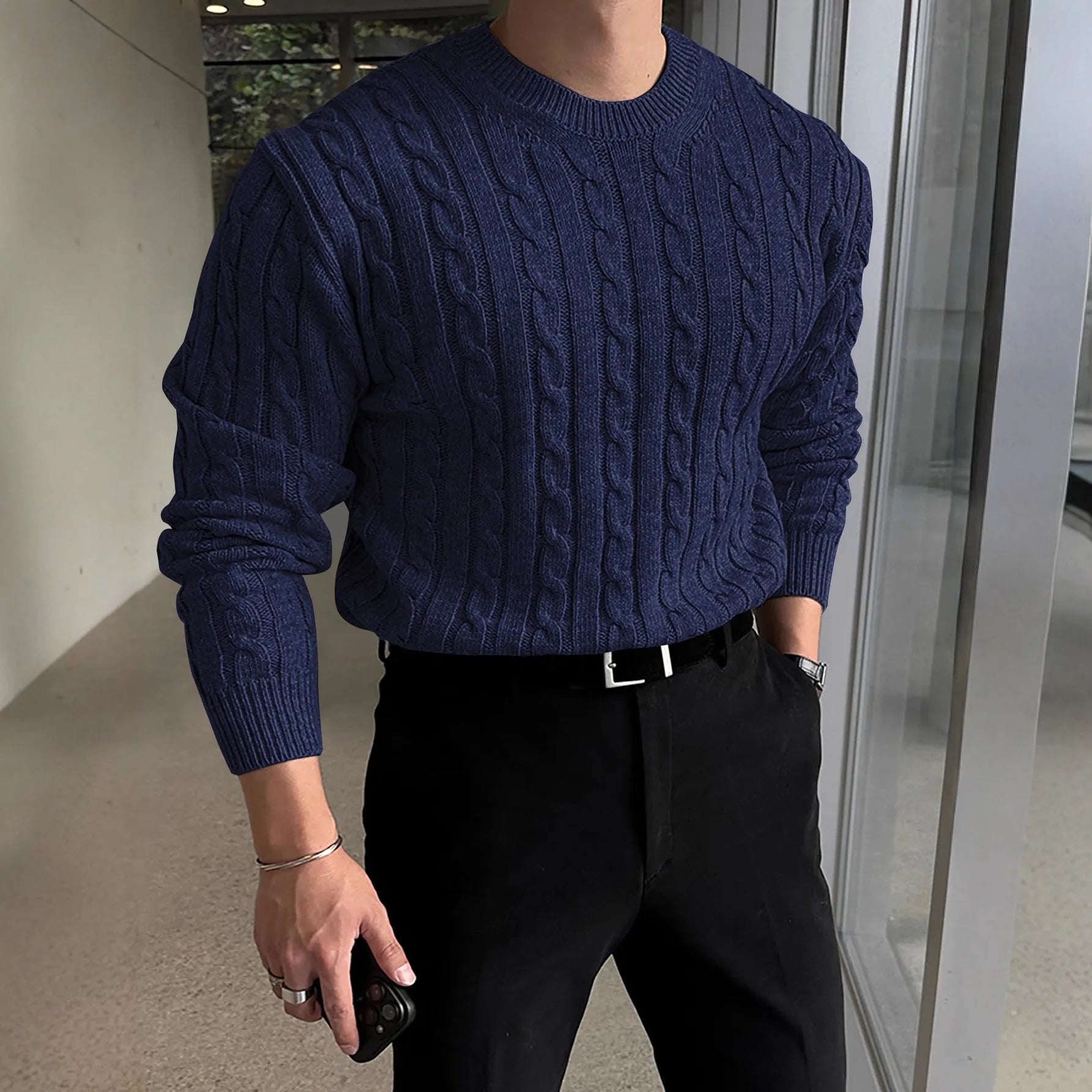 Thick knit turtleneck sweater for men in light gray, autumn winter casual pullover style
