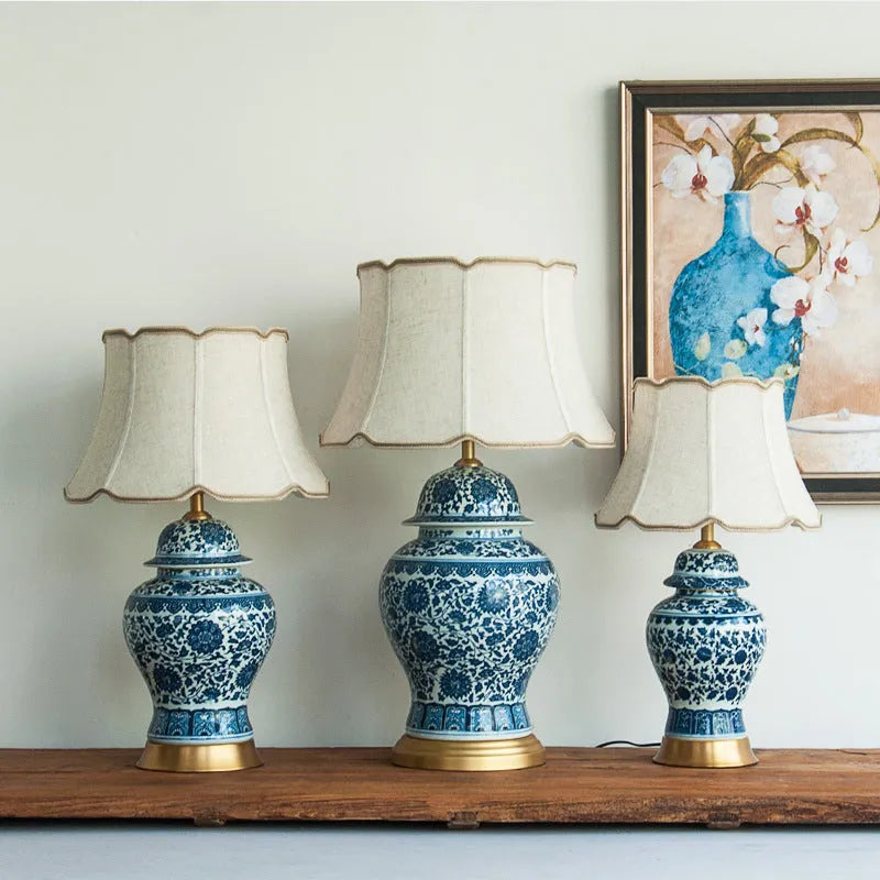 Blue and white Chinese porcelain table lamp with handmade ceramic base and fabric shade