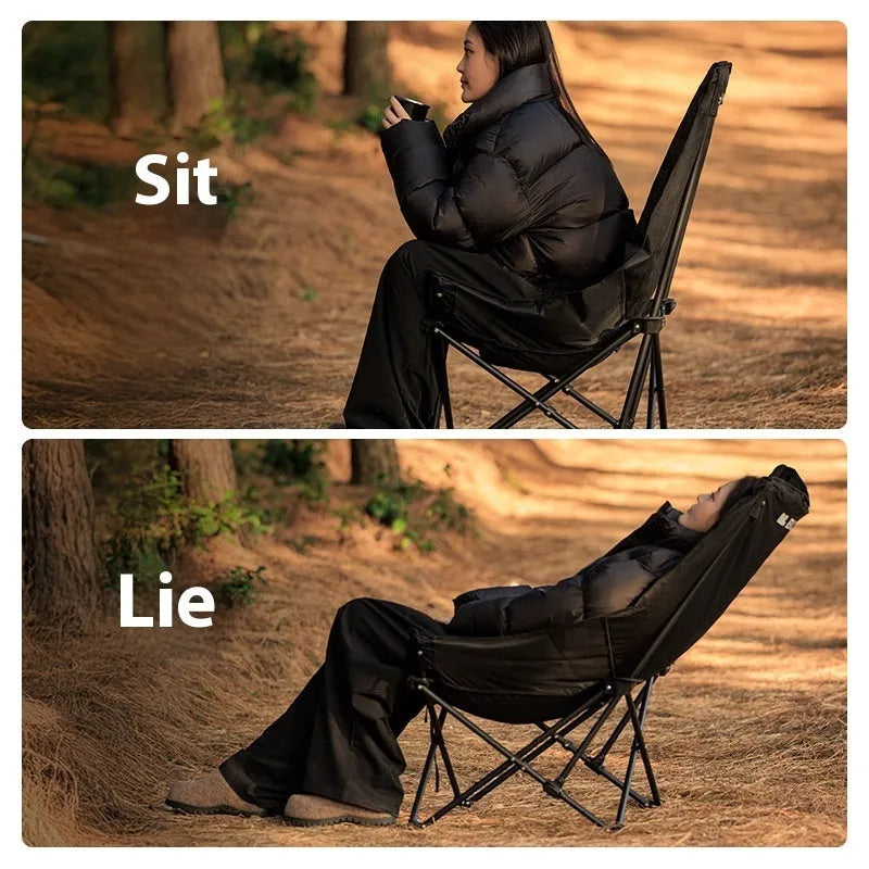 Night Black folding moon chair made from Oxford cloth with an aluminium frame.