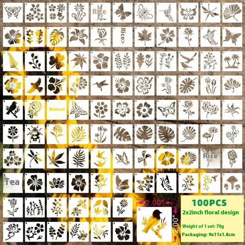 Milky white PET film spray painting stencils showing animal, floral, and letter design templates.