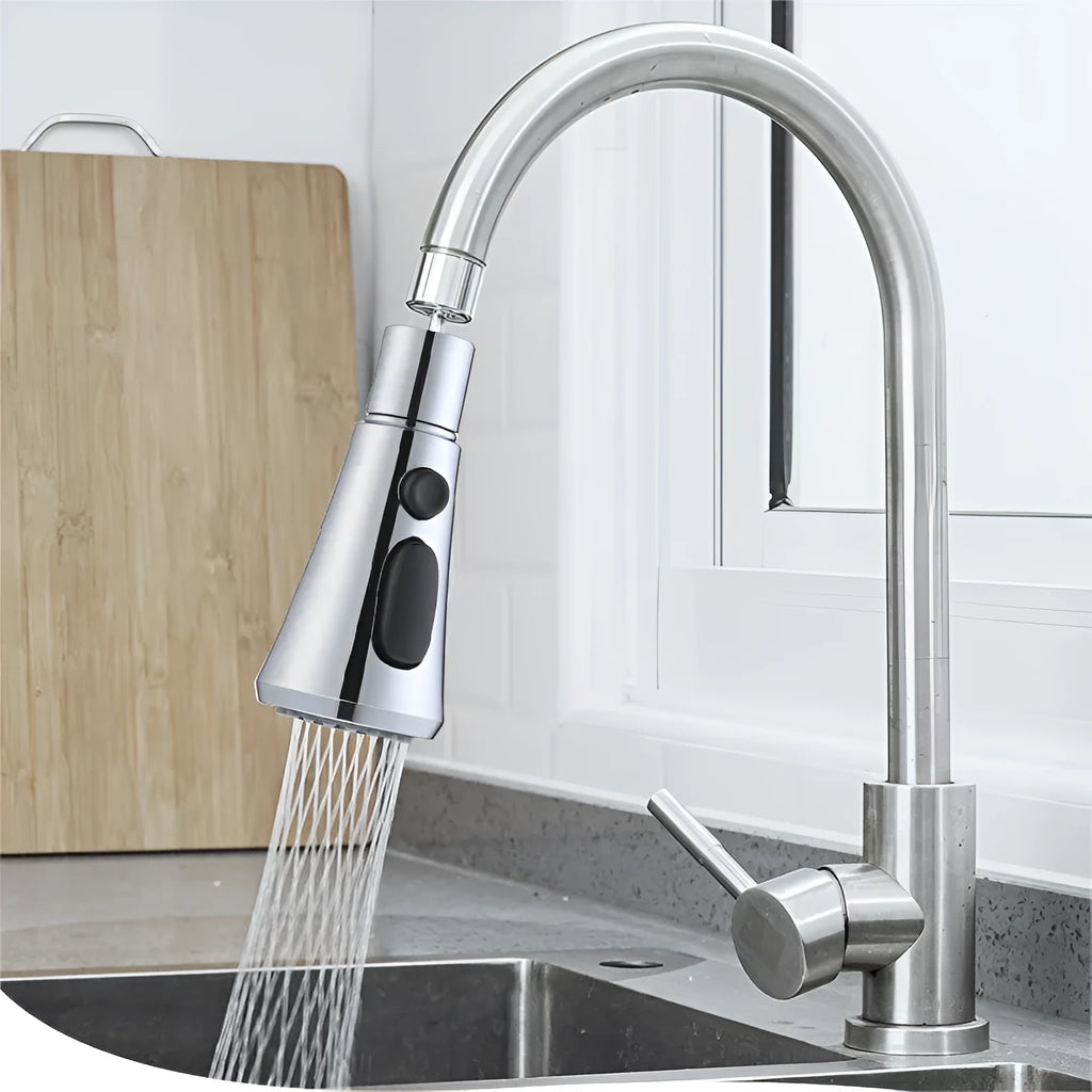 Universal pressurised kitchen faucet sprayer with rotating head in matte black finish showing three spray modes