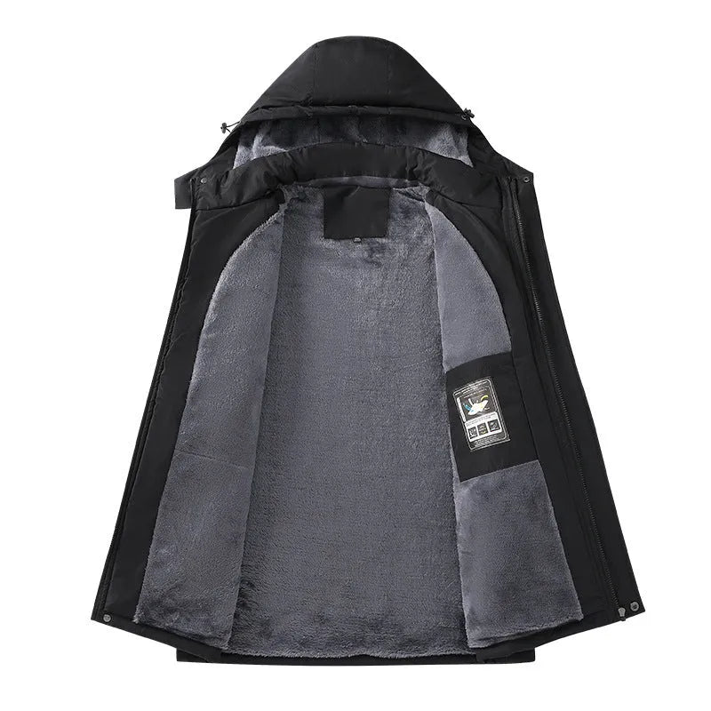 Men's plus size loose fit hooded coat in polyester available in black, dark grey, white and army green