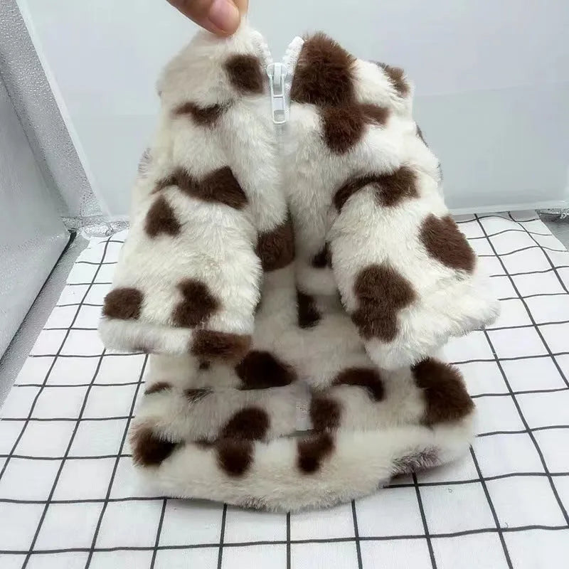 British-style pink polyester warm coat on small white dog showing size fit and design details