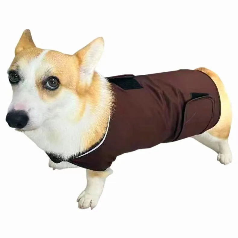 Dog wearing brown anxiety relief tank top made from brocade cotton fabric