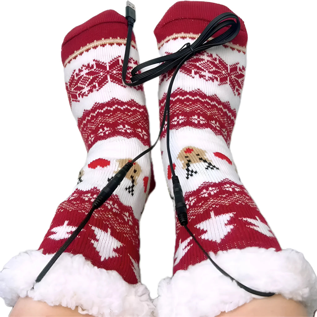 USB electric heating thickened room socks in red Santa Claus jacquard pattern on a white background