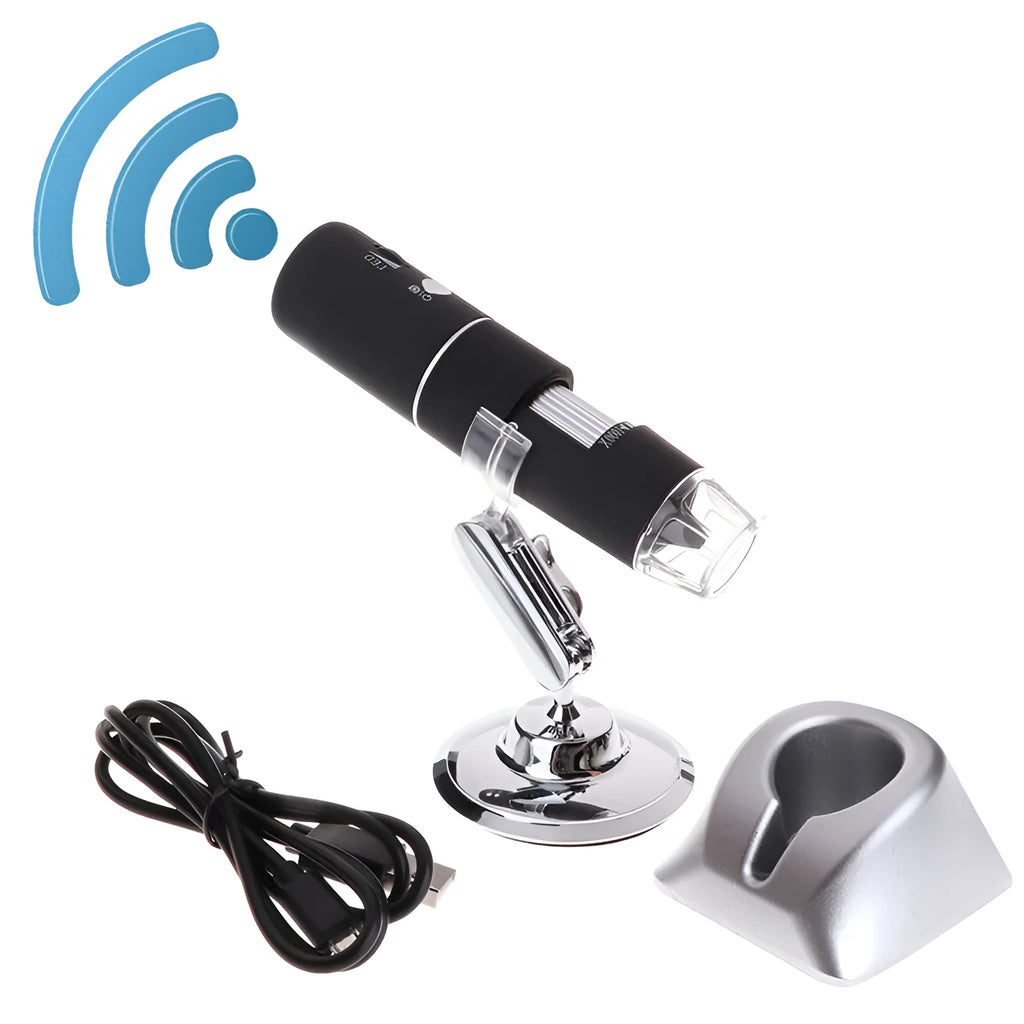 Black microscope magnifier camera phone bracket with 8 LED lights and 1.5m cable on a laboratory bench