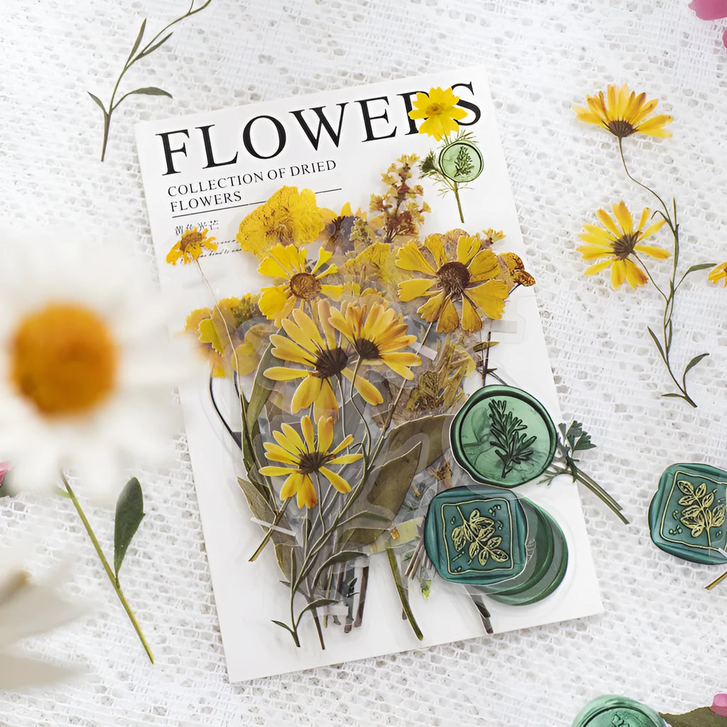 Creative dried flowers journal decoration sticker package showing eight modern art design styles