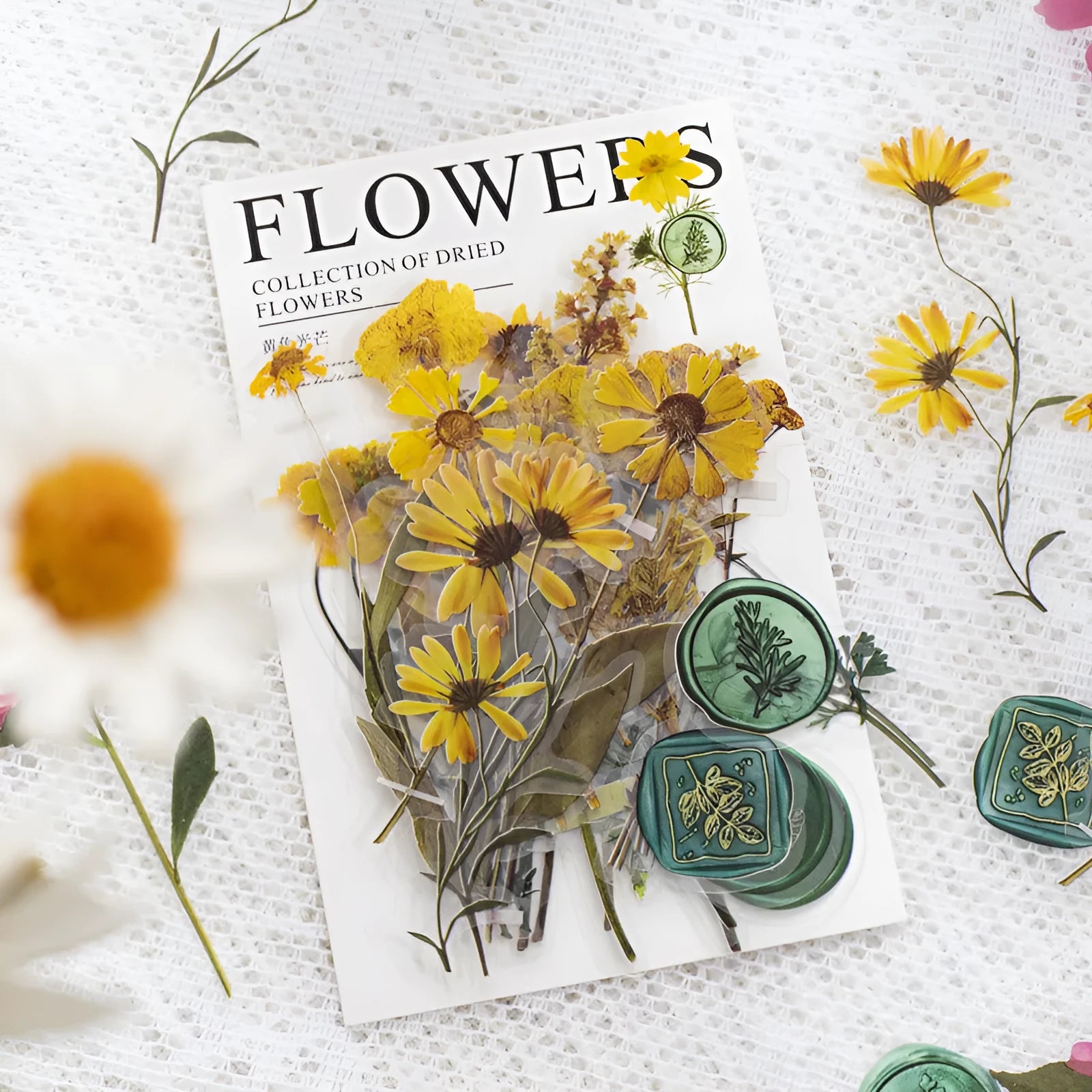 Creative dried flowers journal decoration sticker package showing eight modern art design styles