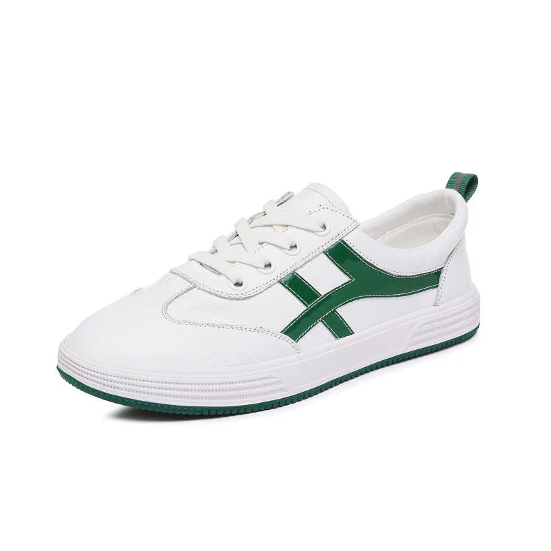 Women's black and white cowhide leather sneakers with elastic band fastening and rubber soles